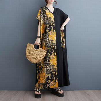 Дълга лятна рокля от памук и лен с V‑образно деколте, голям джоб, свободен стил