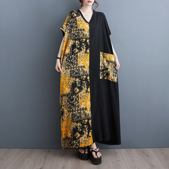 Дълга лятна рокля от памук и лен с V‑образно деколте, голям джоб, свободен стил