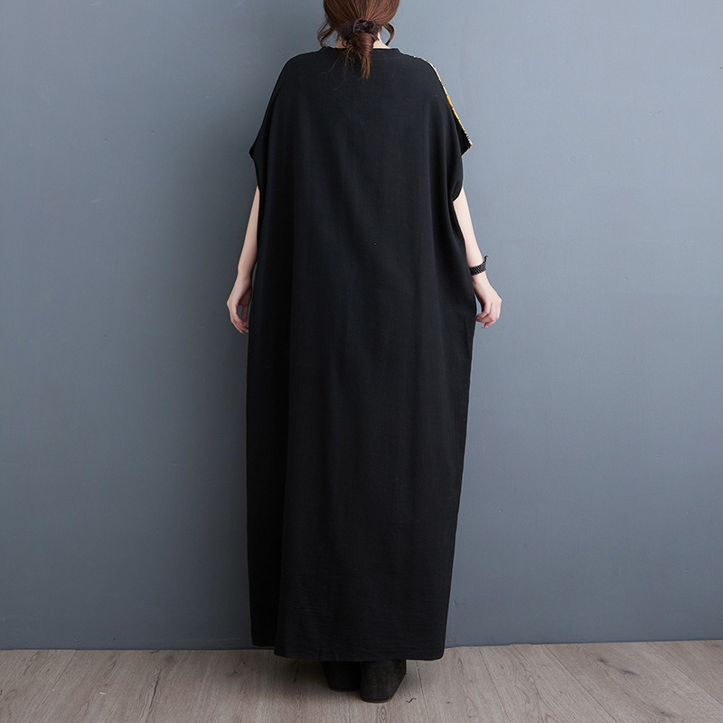 Medvilnės–lino ilga suknelė su V formos kaklu, didelė kišenė, laisvas stilius, vasara 2024