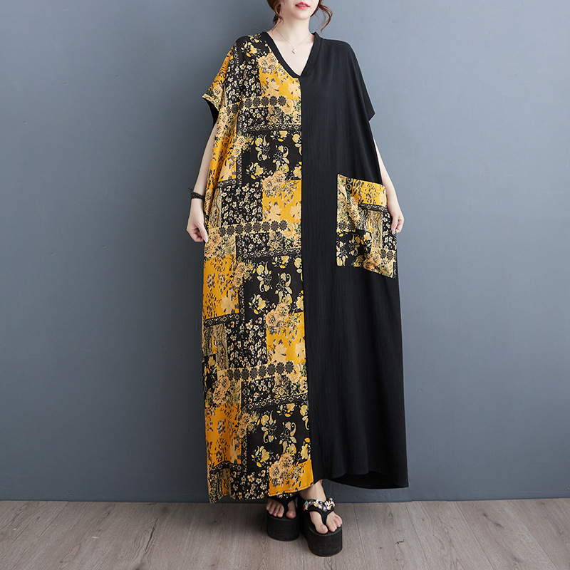 Medvilnės–lino ilga suknelė su V formos kaklu, didelė kišenė, laisvas stilius, vasara 2024