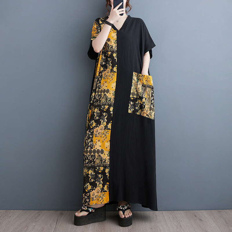 Medvilnės–lino ilga suknelė su V formos kaklu, didelė kišenė, laisvas stilius, vasara 2024