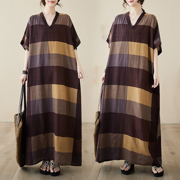 Moteriška pliažo suknelė vasarai 2024, V formos iškirptė, medvilnės-linų audinys, laisvas kirpimas, ilga suknelė, meno retro stilius