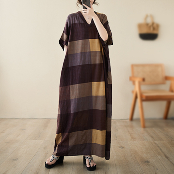 Дамска плажна рокля за лято 2024 в стил артистично ретро, V-образно деколте, памучно-ленено платно, свободна кройка, дълга пола