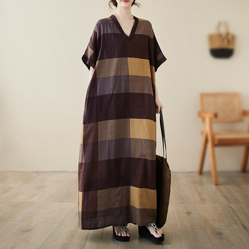 Дамска плажна рокля за лято 2024 в стил артистично ретро, V-образно деколте, памучно-ленено платно, свободна кройка, дълга пола