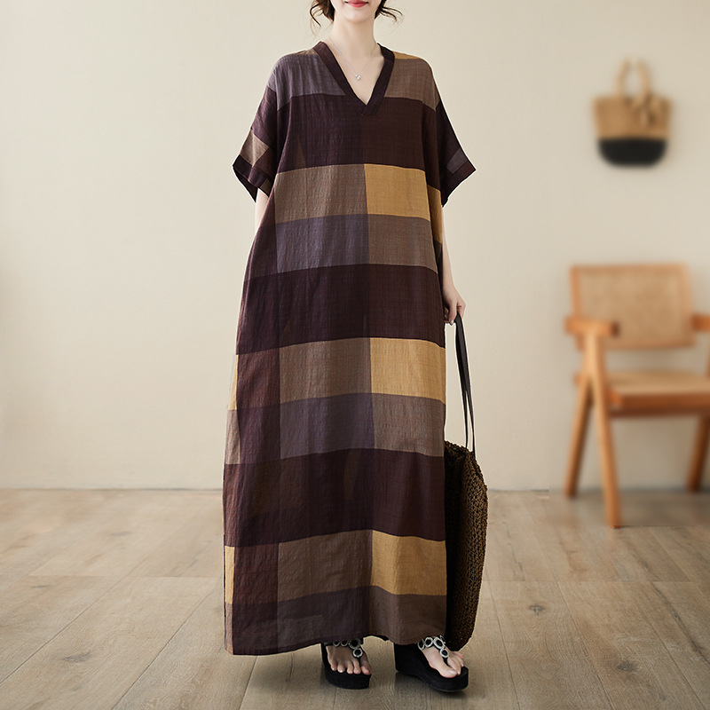 Moteriška pliažo suknelė vasarai 2024, V formos iškirptė, medvilnės-linų audinys, laisvas kirpimas, ilga suknelė, meno retro stilius