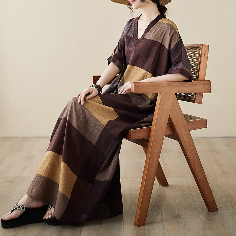 Moteriška pliažo suknelė vasarai 2024, V formos iškirptė, medvilnės-linų audinys, laisvas kirpimas, ilga suknelė, meno retro stilius