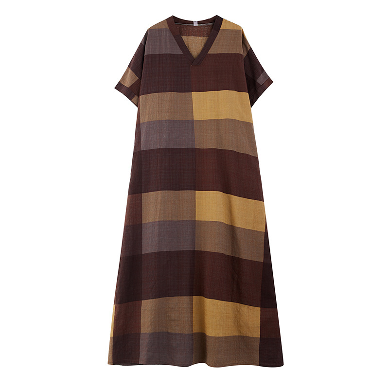 Moteriška pliažo suknelė vasarai 2024, V formos iškirptė, medvilnės-linų audinys, laisvas kirpimas, ilga suknelė, meno retro stilius