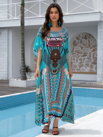 Bluza de plajă cover-up, stil robie din Orientul Mijlociu, croială lejeră, material viscoză-bumbac, potrivită pentru înot