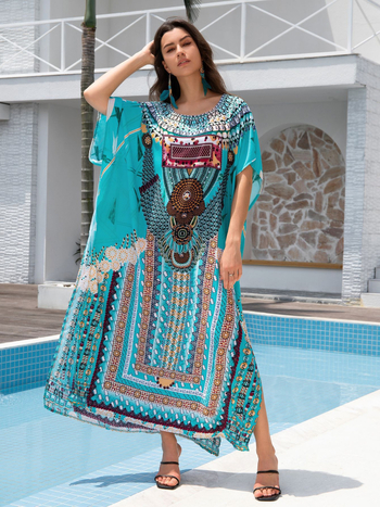 Μπλούζα κάλυψης για την παραλία, στιλ ρόμπας από τη Μέση Ανατολή, άνετη γραμμή, ύφασμα ρεγιόν-βαμβάκας, κατάλληλη για κολύμβηση