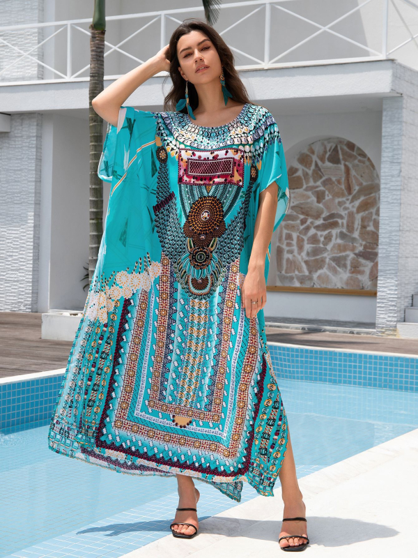 Bluza de plajă cover-up, stil robie din Orientul Mijlociu, croială lejeră, material viscoză-bumbac, potrivită pentru înot