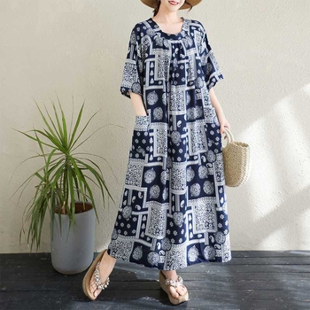 Suknelė - apvalios kaklo, aukštas liemuo, ilga suknelė, medvilnės-poliesterio mišinys, spauda, vasara 2025