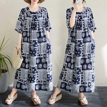 Платье - кръгло деколте, дълга пола с висока талия, памук-полиестер смес, принт, лято 2025