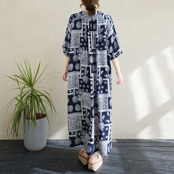 Платье - кръгло деколте, дълга пола с висока талия, памук-полиестер смес, принт, лято 2025