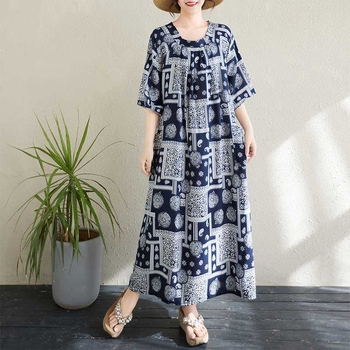 Платье - кръгло деколте, дълга пола с висока талия, памук-полиестер смес, принт, лято 2025