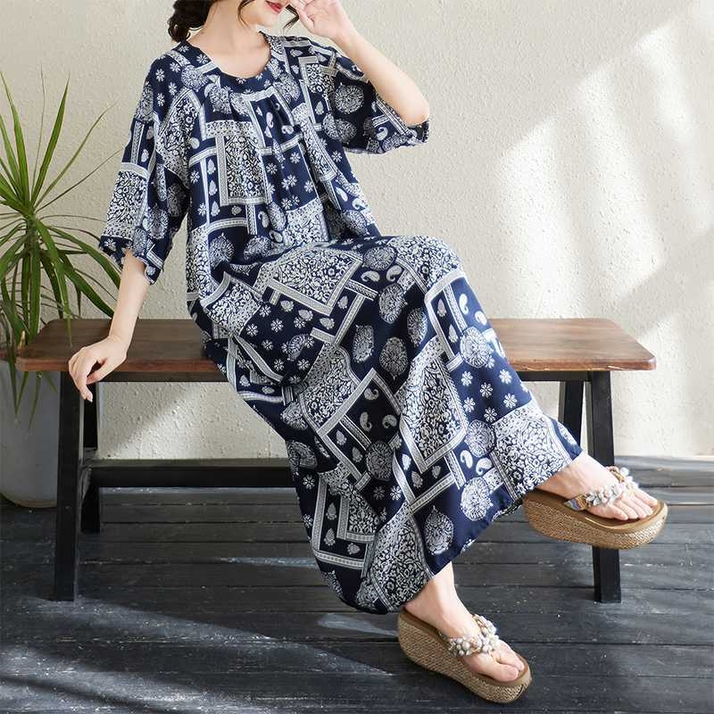 Suknelė - apvalios kaklo, aukštas liemuo, ilga suknelė, medvilnės-poliesterio mišinys, spauda, vasara 2025