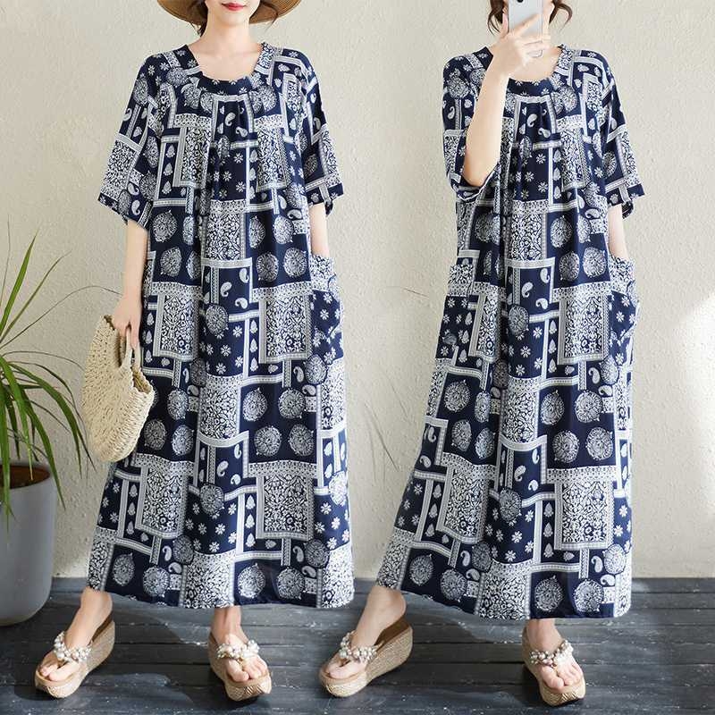 Suknelė - apvalios kaklo, aukštas liemuo, ilga suknelė, medvilnės-poliesterio mišinys, spauda, vasara 2025