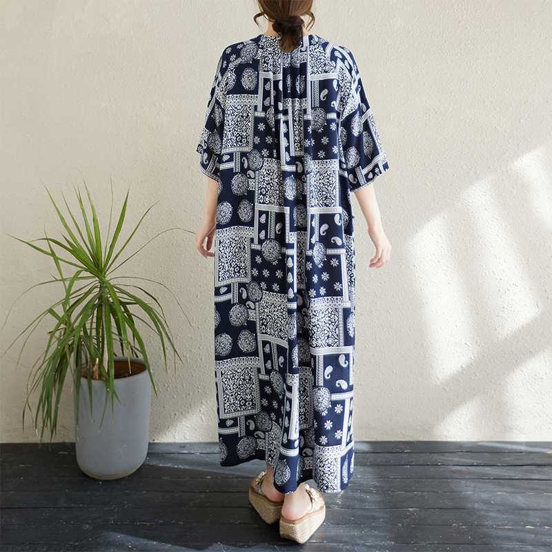 Suknelė - apvalios kaklo, aukštas liemuo, ilga suknelė, medvilnės-poliesterio mišinys, spauda, vasara 2025