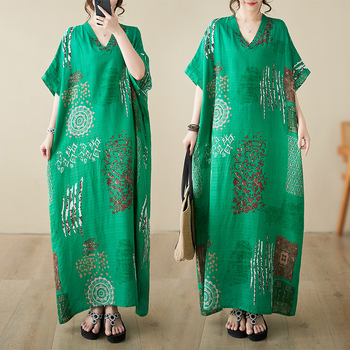 Ilga suknelė su V kaklu, batwing rankovės, A linijos kirpimas, medvilnės mišinio audinys, 50–70% medvilnė, meninis retro stilius, vasaros sezonas