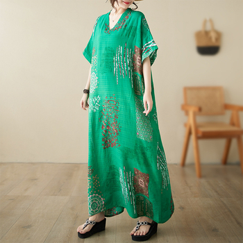 Дълга рокля с V-образно деколте, ръкав тип батвин, А-линия, памучно-миксов плат, 50–70% памук, артистично ретро стил, лято