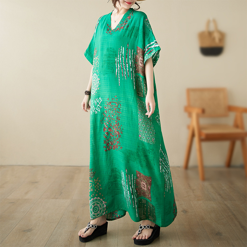 Ilga suknelė su V kaklu, batwing rankovės, A linijos kirpimas, medvilnės mišinio audinys, 50–70% medvilnė, meninis retro stilius, vasaros sezonas