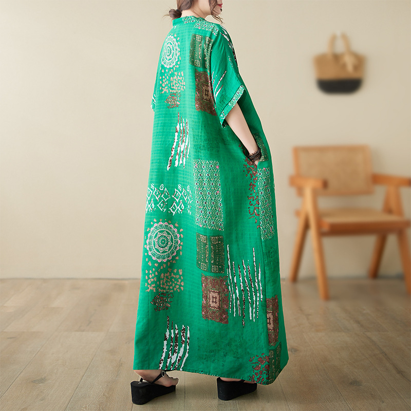 Ilga suknelė su V kaklu, batwing rankovės, A linijos kirpimas, medvilnės mišinio audinys, 50–70% medvilnė, meninis retro stilius, vasaros sezonas