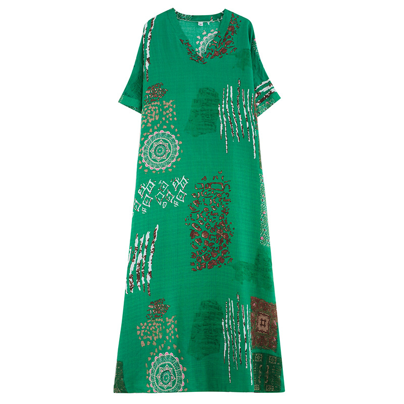 Ilga suknelė su V kaklu, batwing rankovės, A linijos kirpimas, medvilnės mišinio audinys, 50–70% medvilnė, meninis retro stilius, vasaros sezonas