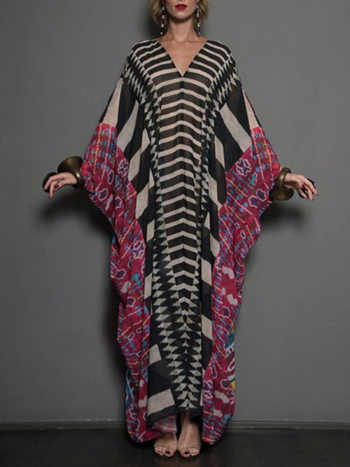 Μακριά ρόμπα παραλίας με εκτύπωση Ευρώπης‑Αμερικής, μανίκια τύπου μπατ, εξωτερικό ύφασμα πολυεστέρας, επένδυση πολυεστέρου 99%, βάρος 220 g, ιδανική ως κάλυμμα παραλίας για κολύμβηση