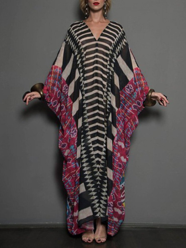 Rochie-robă lungă de plajă cu imprimeu european-american, mâneci bat, material poliester, căptușeală poliester 99%, greutate 220 g, ideală ca acoperire pentru baie