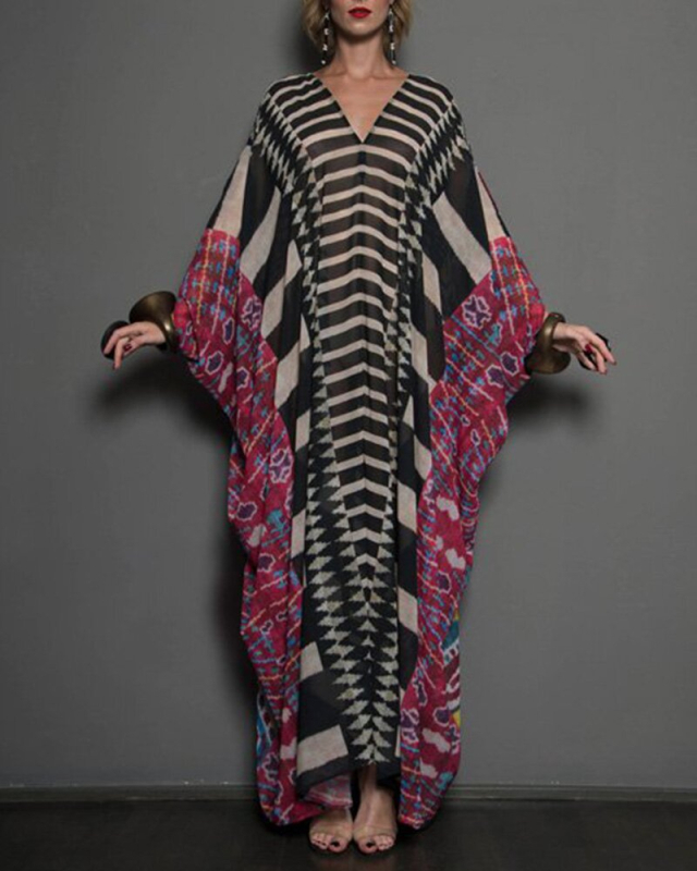 Rochie-robă lungă de plajă cu imprimeu european-american, mâneci bat, material poliester, căptușeală poliester 99%, greutate 220 g, ideală ca acoperire pentru baie