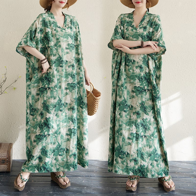 Haljina od pamuka i lana s V-dekoltom, kratkim raglan rukavima, srednja duljina, literarno-retro stil, ljeto 2025