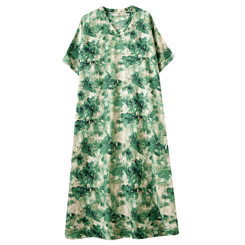 Haljina od pamuka i lana s V-dekoltom, kratkim raglan rukavima, srednja duljina, literarno-retro stil, ljeto 2025