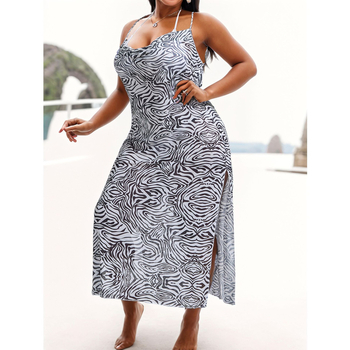 Moterų komplektas: zebro rašto petnešinė suknelė ir be rankovių dryžuota palaidinė — vidutinio ilgio, Milk Silk audinys, poliesteris ir spandeksas