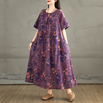 Памучно-ленена рокля с А-образна силуета, кръгло деколте, къс ръкав и джобове – дамска лятна рокля 2025; памук 50–70%, коноп 30–50%