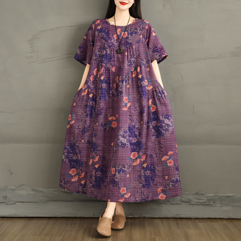 Памучно-ленена рокля с А-образна силуета, кръгло деколте, къс ръкав и джобове – дамска лятна рокля 2025; памук 50–70%, коноп 30–50%