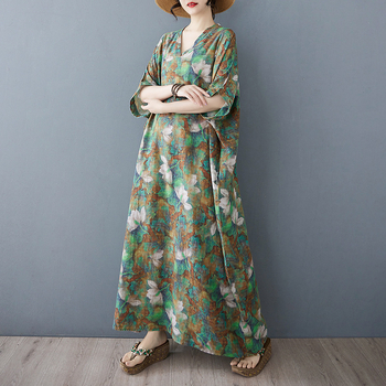 Φόρεμα midi με καρό εκτύπωση, V-λαιμό, κοντά raglan μανίκια, χαλαρή μέση, ύφασμα βαμβάκι-λινό