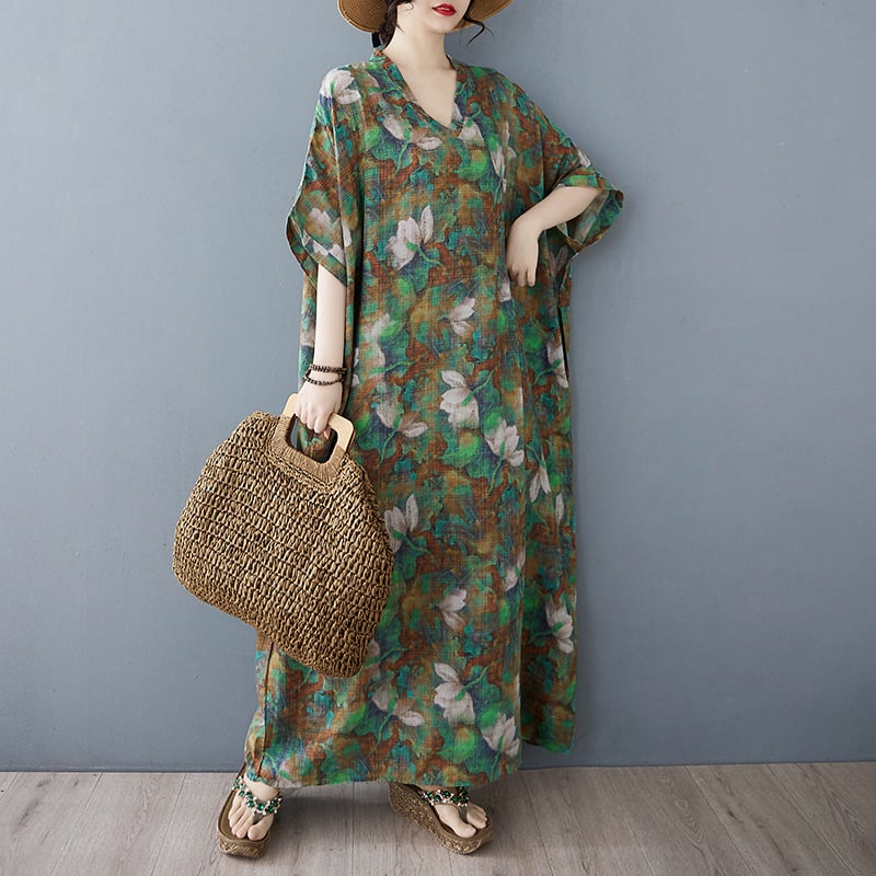 Rochie midi cu imprimeu în carouri, decolteu în V, mâneci Raglan scurte, talie lejeră, material bumbac-lin