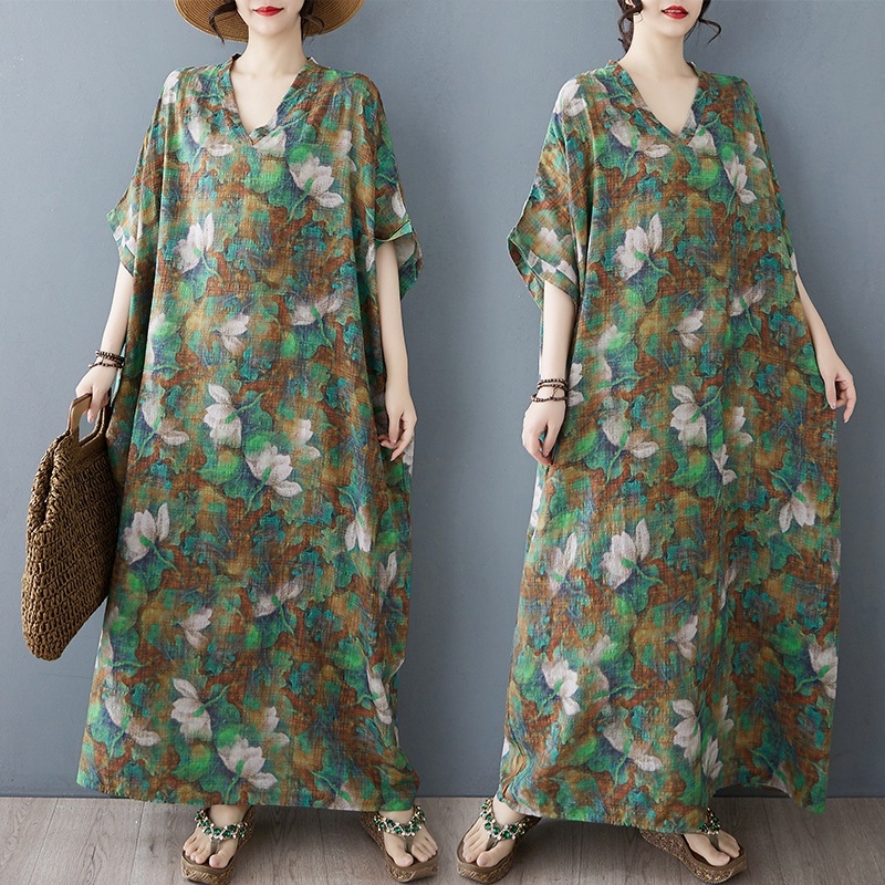 Rochie midi cu imprimeu în carouri, decolteu în V, mâneci Raglan scurte, talie lejeră, material bumbac-lin