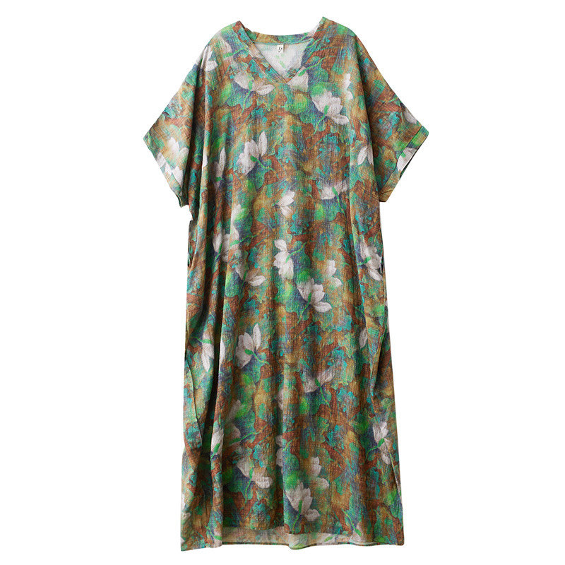 Rochie midi cu imprimeu în carouri, decolteu în V, mâneci Raglan scurte, talie lejeră, material bumbac-lin
