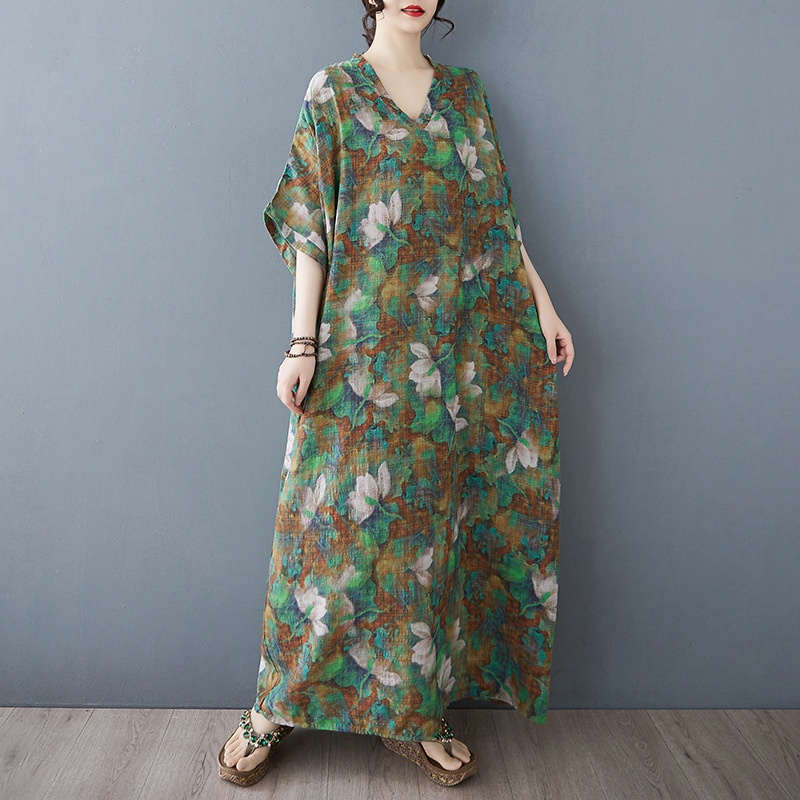 Rochie midi cu imprimeu în carouri, decolteu în V, mâneci Raglan scurte, talie lejeră, material bumbac-lin