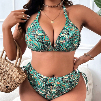 Ženski bikini za plus veličinu, bez rukava, s vintage točkama printom, poliester, jastučići u košaricama, bez čelične potpore, donji dio briefs