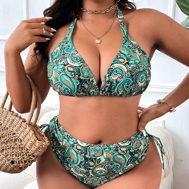 Ženski bikini za plus veličinu, bez rukava, s vintage točkama printom, poliester, jastučići u košaricama, bez čelične potpore, donji dio briefs