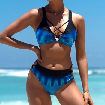 Γυναικείο μπικίνι δύο τεμαχίων με gradient και υψηλή μέση, επενδεδυμένο πάνω μέρος, χωρίς μανίκια, πολυεστέρας