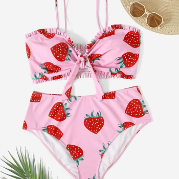 Plusz méretű női két részes úszónadrág, magas derék, Cartoon mintázat, párnázott kosár, acél nélkül, poliészter 82% anyag; bélés 95% poliészter