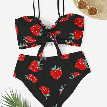 Plusz méretű női két részes úszónadrág, magas derék, Cartoon mintázat, párnázott kosár, acél nélkül, poliészter 82% anyag; bélés 95% poliészter