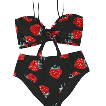 Plusz méretű női két részes úszónadrág, magas derék, Cartoon mintázat, párnázott kosár, acél nélkül, poliészter 82% anyag; bélés 95% poliészter