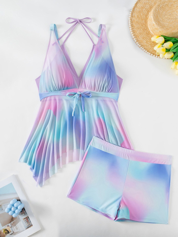 Τανκίνι μεγάλου μεγέθους με λαιμό-λουρί και πάνελ από δίχτυ, διαβαθμισμένο μοτίβο; ύφασμα πολυεστέρα/ελαστάν 82/18 με επένδυση στήθους; επένδυση πολυεστέρα