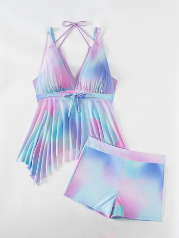 Τανκίνι μεγάλου μεγέθους με λαιμό-λουρί και πάνελ από δίχτυ, διαβαθμισμένο μοτίβο; ύφασμα πολυεστέρα/ελαστάν 82/18 με επένδυση στήθους; επένδυση πολυεστέρα