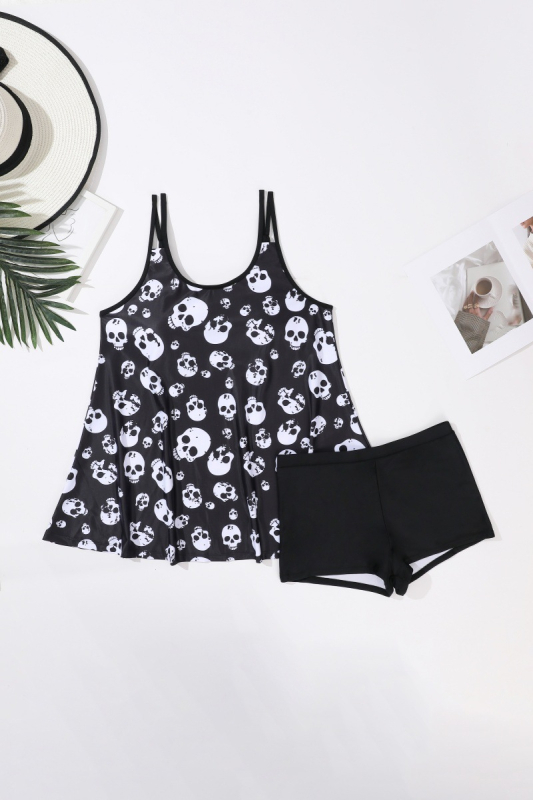 Costum de baie tankini cu imprimare craniu, design split pentru femei, căptușeală la bust, țesătură din poliester, uscare rapidă