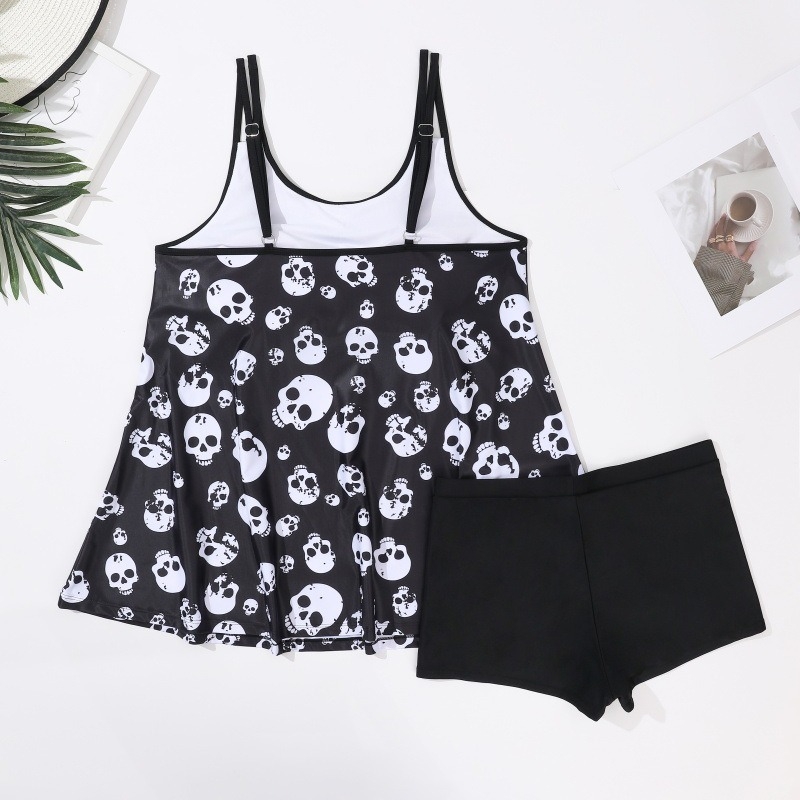 Costum de baie tankini cu imprimare craniu, design split pentru femei, căptușeală la bust, țesătură din poliester, uscare rapidă