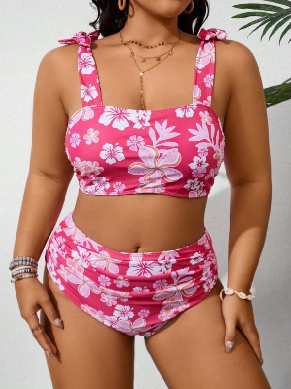 Costum de baie floral, două piese, din poliester, căptușeală din spandex și bureți pentru bust